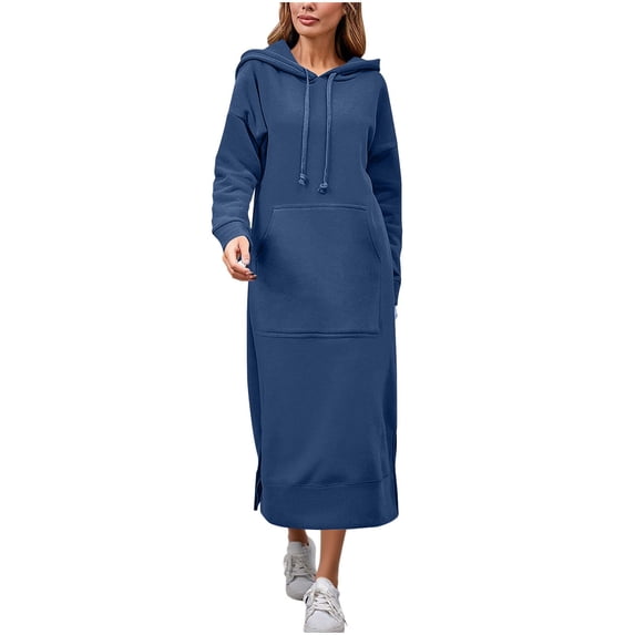 FRSASU Women's Casual Pullover Oversized Sweatshirt Long Sleeve Drawstring Hoodie Maxi Dress with Pocket Navy-A