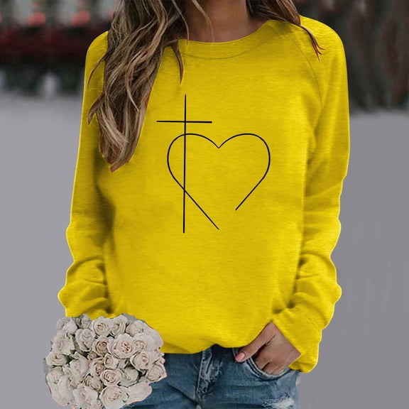 FRSASU Women's Casual Round Neck Shirt Spring and Autumn Long Sleeve Printed top T-Shirt Shirt Yellow