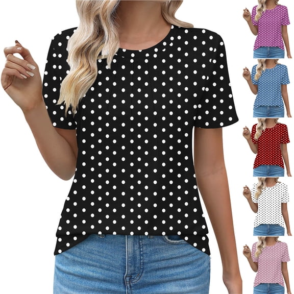 FRSASU Women's Casual Short Sleeve T-Shirts Polka Dot Printed Round Neck Cute Tunic Tops Basic Pleated Summer Tops Trendy Spring Blouses White