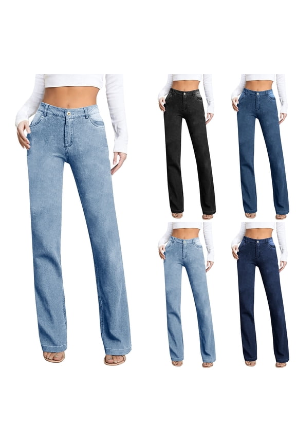 Women's Casual Slim Fit Straight Leg Jeans High Waist Stretchy Classic Denim Pants with Pockets Light Blue