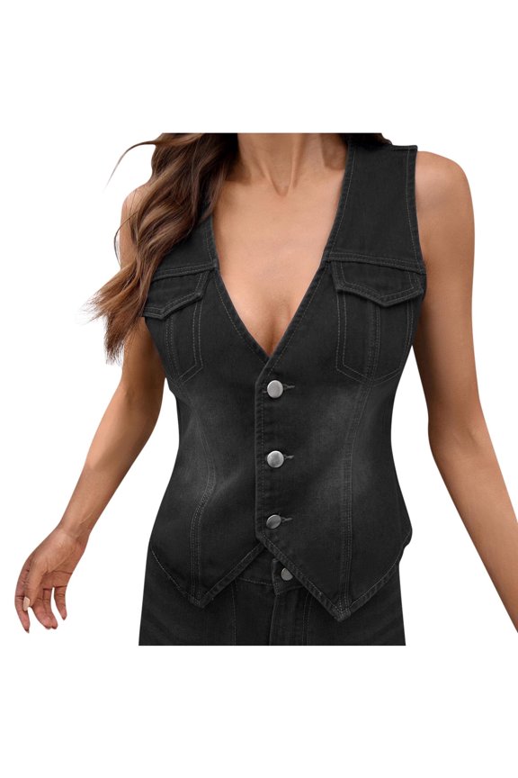 Women's Casual Solid Color Denim Vest V Neck Button Down Sleeveless Jean Jacket Black L(L)