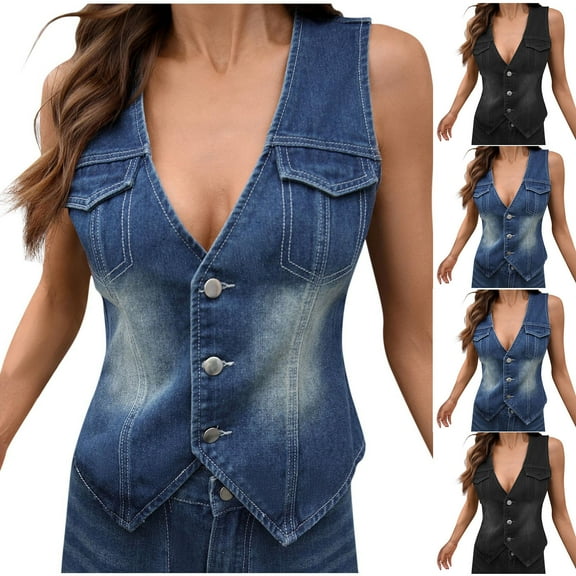 FRSASU Women's Casual Solid Color Denim Vest V Neck Button Down Sleeveless Jean Jacket Blue XL(XL)