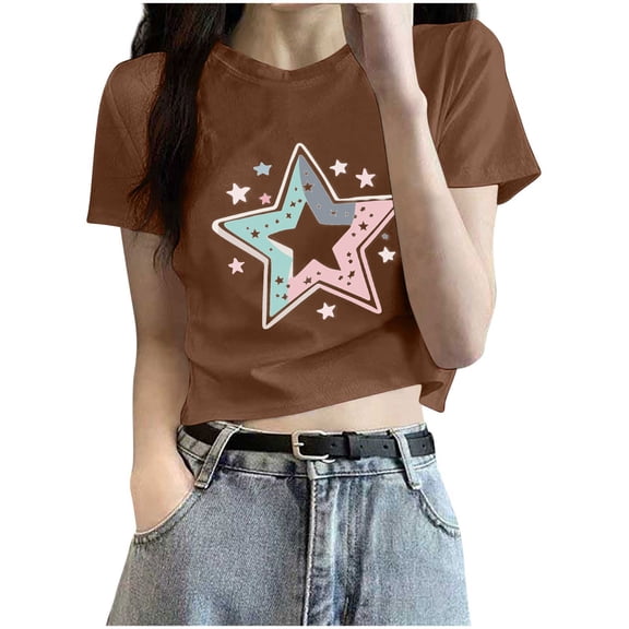 FRSASU Women's Casual T-Shirt Short Sleeve Crewneck Basic Tee Tops Trendy Star Graphic Loose Fit Pullover Blouse Tops Brown