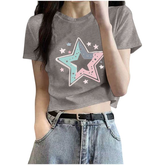 FRSASU Women's Casual T-Shirt Short Sleeve Crewneck Basic Tee Tops Trendy Star Graphic Loose Fit Pullover Blouse Tops Gray