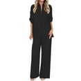 thumbnail image 1 of FRSASU Women's Casual Trouser Suits 3/4 Sleeve Turn Down Collar Button Pleated Top Loose Wide Leg Pants Solid Sets with Pocket Black M(M), 1 of 9