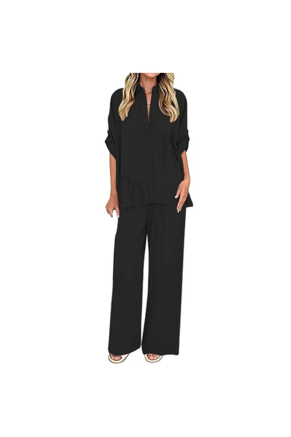 Women's Casual Trouser Suits 3/4 Sleeve Turn Down Collar Button Pleated Top Loose Wide Leg Pants Solid Sets with Pocket Black M(M)