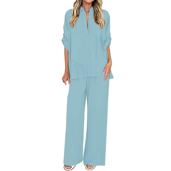 FRSASU Women's Casual Trouser Suits 3/4 Sleeve Turn Down Collar Button Pleated Top Loose Wide Leg Pants Solid Sets with Pocket Blue XL(XL)