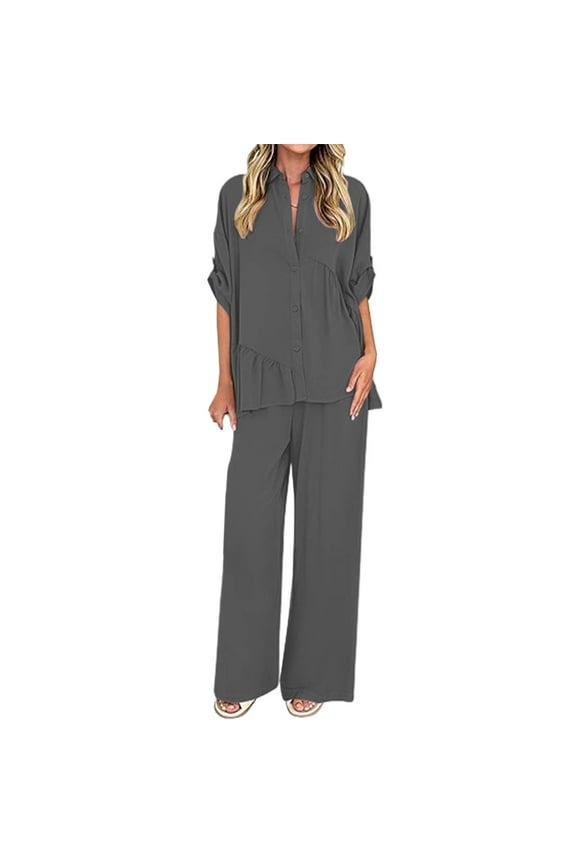 Women's Casual Trouser Suits 3/4 Sleeve Turn Down Collar Button Pleated Top Loose Wide Leg Pants Solid Sets with Pocket Dark Gray L(L)