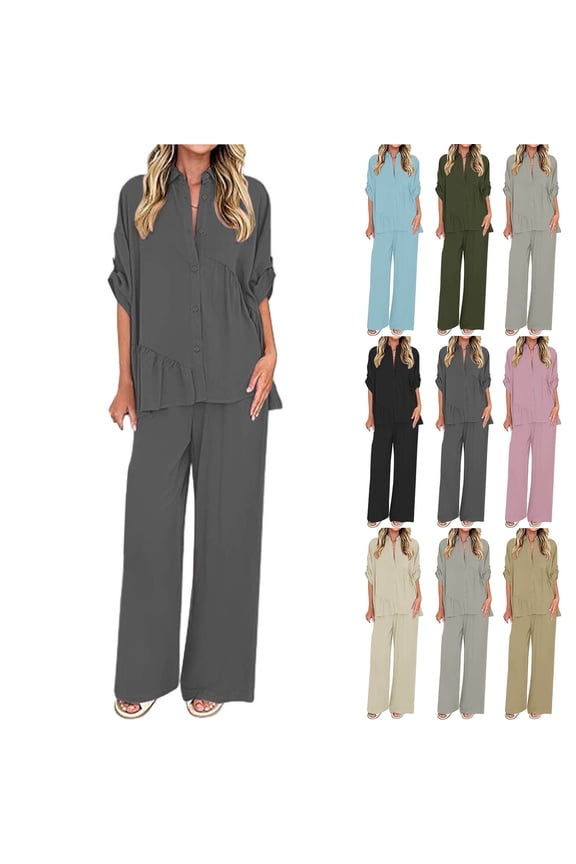 Women's Casual Trouser Suits 3/4 Sleeve Turn Down Collar Button Pleated Top Loose Wide Leg Pants Solid Sets with Pocket Pink XL(XL)