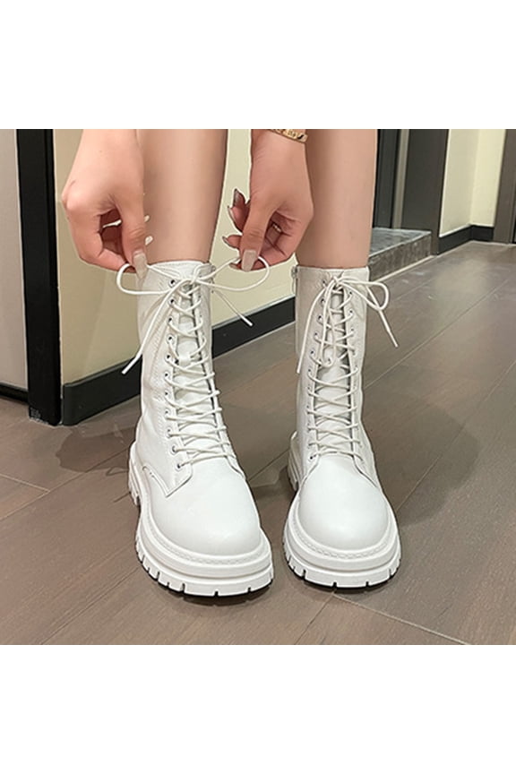 Women's Casual Versatile Round Toe Thick Sole Cool Fall and Winter Style Comfortable Height-Enhancing Solid Color Thick Heel Lace-Up Side Zipper Mid-Calf Boots White