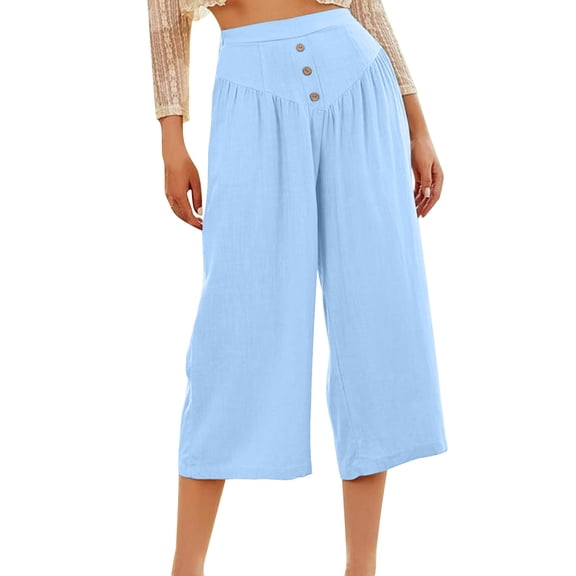 FRSASU Women's Casual Wide Leg Cotton Linen High Waisted Button Loose Fashion Cropped Pants Light Blue S(S)