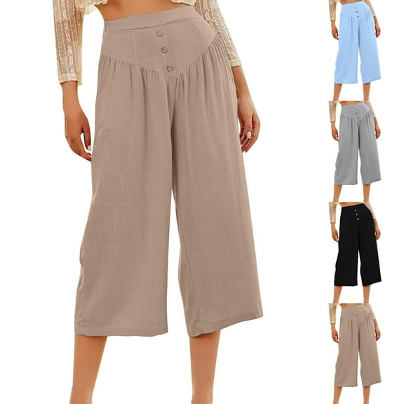 FRSASU Women's Casual Wide Leg Cotton Linen High Waisted Button Loose Fashion Cropped Pants Light Blue XL(XL)