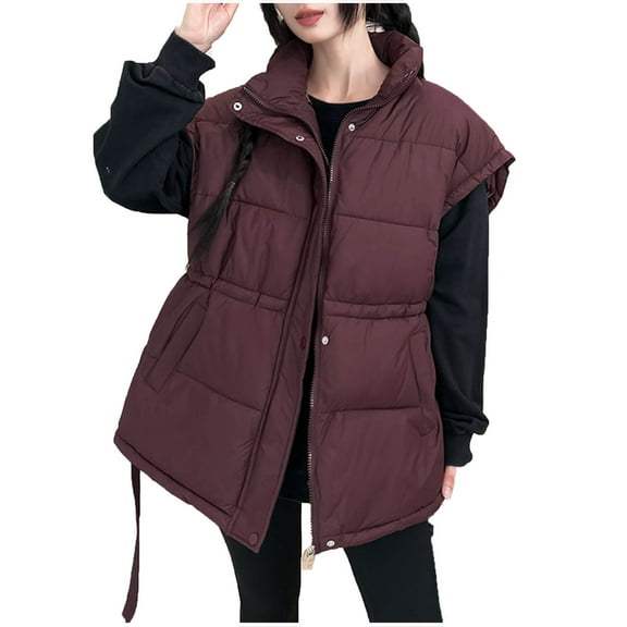 FRSASU Women's Casual Winter Cotton Vest Stand Collar Loose Fashionable Thick Jackets Coat Wine XL(XL)