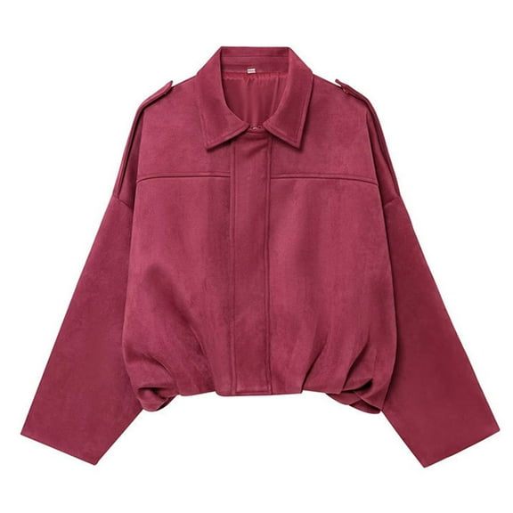 FRSASU Women's Casual Zipper Loose Suede Textured Coat Batwing Long Sleeve Hoodless Fashon Jacket Hot Pink L(L)