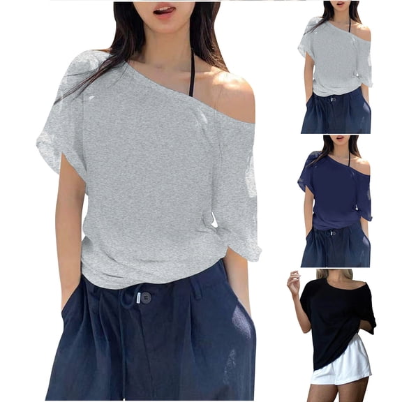 FRSASU Women's Casual off the Shoulder Tops Short Sleeve T Shirts Loose Summer Blouse Shirt Navy