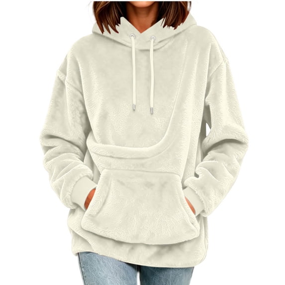 FRSASU Women's Cat Hoodie with Pouch Oversized Kangaroo Pocket Dog Pouch Sweatshirts Pet Carrier Animal Holder Long Sleeve Pullover Beige
