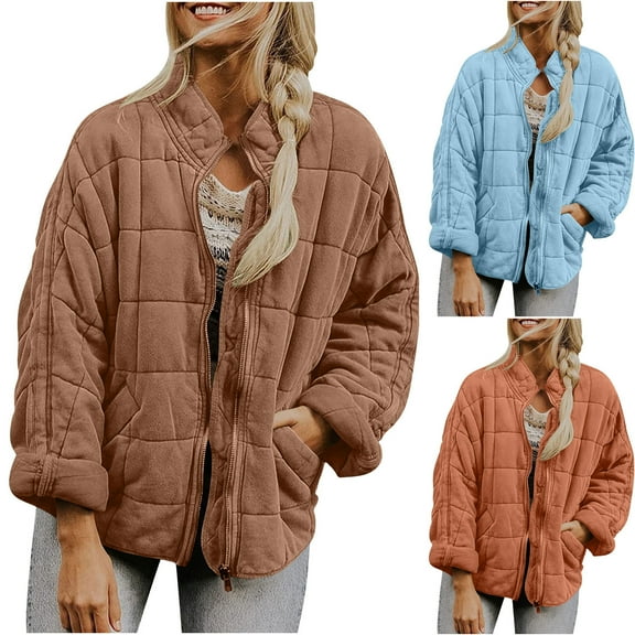 FRSASU Women's Causal Solid Color Lightweight Jacket Stand Collar Long Sleeve Zip Up Winter Coats for Women Sky Blue