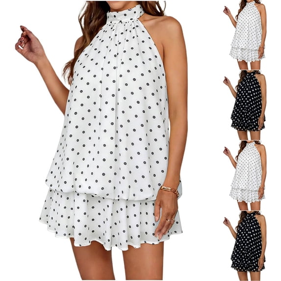 FRSASU Women's Chiffon Halter Dresses Layered Ruffle Sleeveless Polka Dot Backless Flowy Mini Loose Dresses White-B
