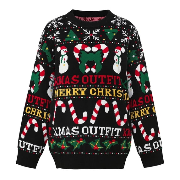 FRSASU Women's Christmas Sweater Snowman Candy Cane Jacquard Pattern Long Sleeve Round Neck Knit Xmas Pullover Black-A