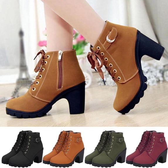 FRSASU Women's Chunky Heel Ankle Boot Suede Lace Up Side Zipper Booties with Anti-Slip Sole Casual Platform Dress Boots Yellow