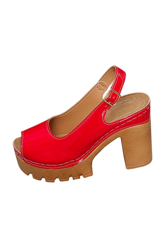 Women's Chunky High Heels Sandals Solid Fish Mouth Dress Shoes with Arch Support Clogs Mules Outdoor Wedges Shoes Red