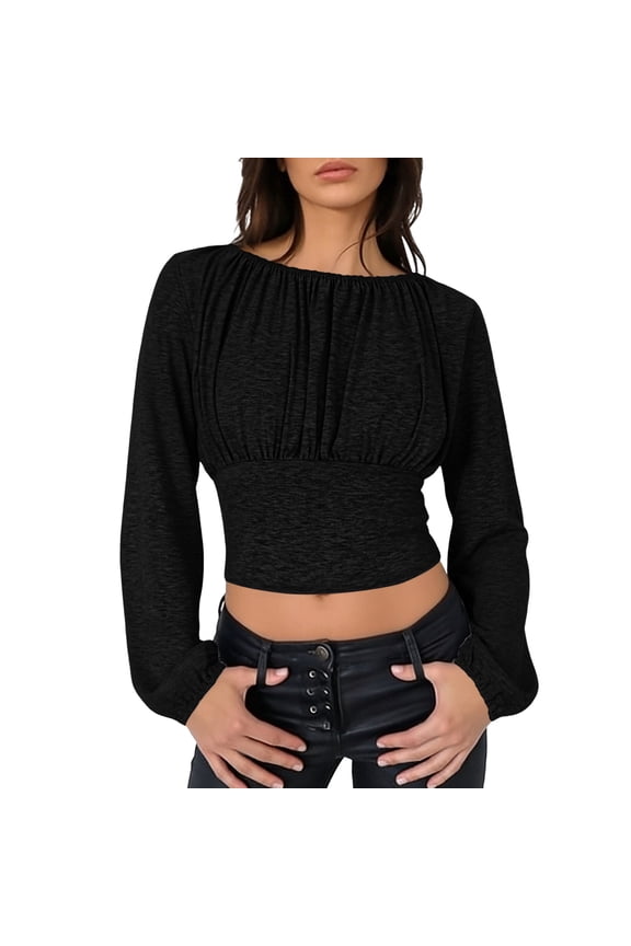 Women's Cinched Waist Tops Long Sleeve Boat Neck Shirt Tighten Fitted Waist Crop Spring Summer Blouses Black