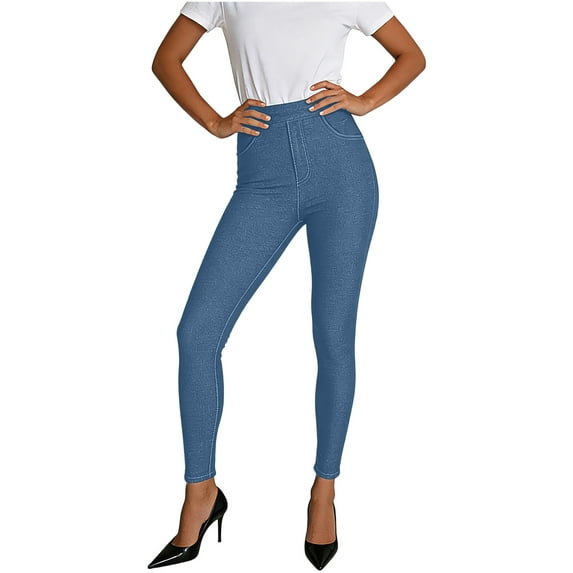 FRSASU Women’s Classic Denim Leggings, Jeggings for Women with Pockets, High Waisted Fitness Stretch Jeans Blue