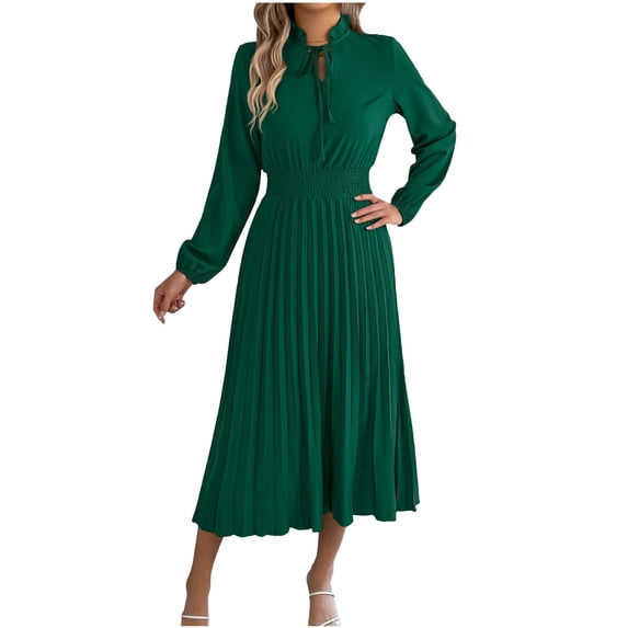 FRSASU Women's Cocktail Party Dresses Crewneck Lantern Long Sleeves A-Line Wedding Guest Flowy Long Dress Green