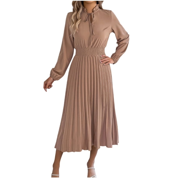 FRSASU Women's Cocktail Party Dresses Crewneck Lantern Long Sleeves A-Line Wedding Guest Flowy Long Dress Khaki