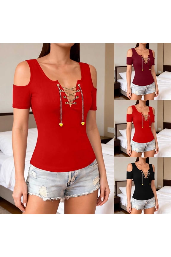 Women's Cold Shoulder Henley Tops Chain Criss Cross Neck Short Sleeve Slim FitBlouses T-Shirt Wine