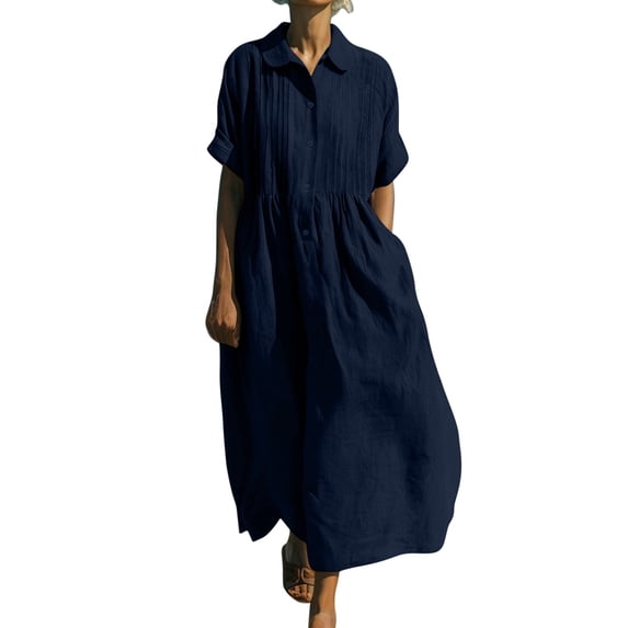 FRSASU Women's Collared Neck Short Sleeve Button Tshirt Dress Summer Casual Loose Lightweight Cotton Linen Midi Dresses Navy
