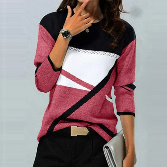 FRSASU Women's Color Block Geometric Patchwork Print Tops Long Sleeve Crewneck Casual Blouses Shirts Hot Pink