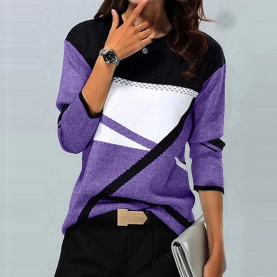 FRSASU Women's Color Block Geometric Patchwork Print Tops Long Sleeve Crewneck Casual Blouses Shirts Purple