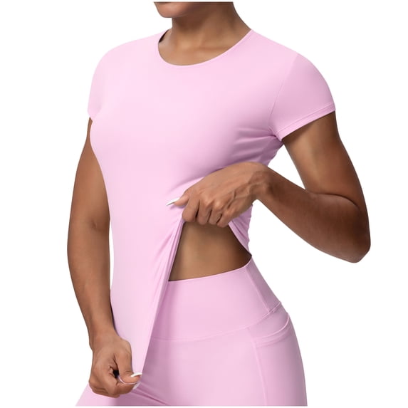 FRSASU Women's Compression Workout Shirts Breathable Quick Dry Gym Short Sleeve Blouses Crew Neck Basic Tops Slim Fit Shirt Hot Pink