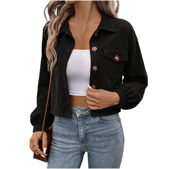 FRSASU Women's Corduroy Cropped Bomber Jacket Lightweight Button Down Fall Spring Trendy Short Coat with Pockets Black