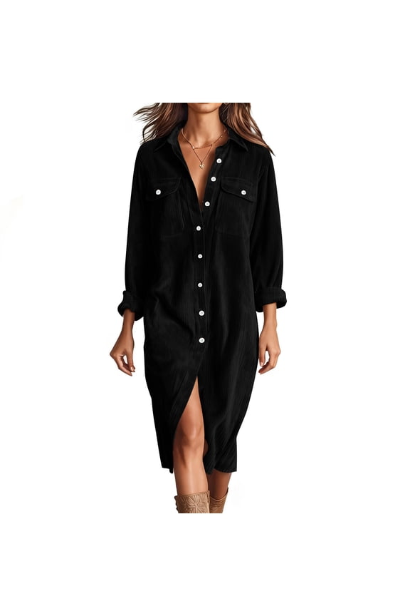 Women's Corduroy Long Sleeve Mid-Calf Dresses Fall Winter Button Down Work Tunic Dress with Pockets Black