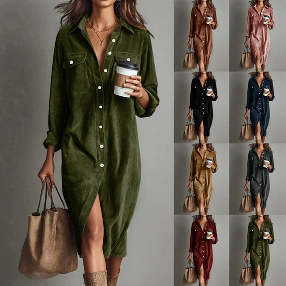 FRSASU Women's Corduroy Long Sleeve Mid-Calf Dresses Fall Winter Button Down Work Tunic Dress with Pockets Wine