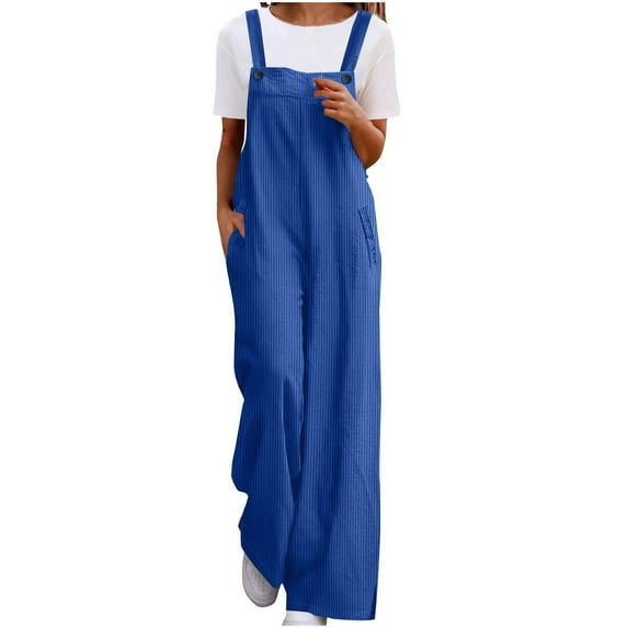 FRSASU Women's Corduroy Overalls with Adjustable Straps, Solid Color Baggy Jumpsuit, Casual with Pockets Blue