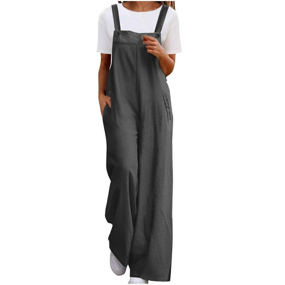FRSASU Women's Corduroy Overalls with Adjustable Straps, Solid Color Baggy Jumpsuit, Casual with Pockets Gray