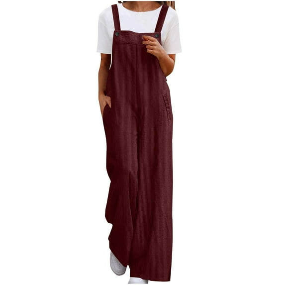 FRSASU Women's Corduroy Overalls with Adjustable Straps, Solid Color Baggy Jumpsuit, Casual with Pockets Wine