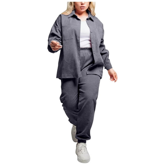 FRSASU Women's Corduroy Sets 2 Piece Outfits Long Sleeve Button Down Tops and Pants Set Gray