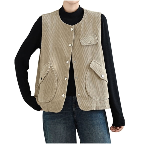 FRSASU Women's Corduroy Vest, Sleeveless Button Down Loose Crew Neck Jackets Solid Casual Outerwear with Pockets Beige