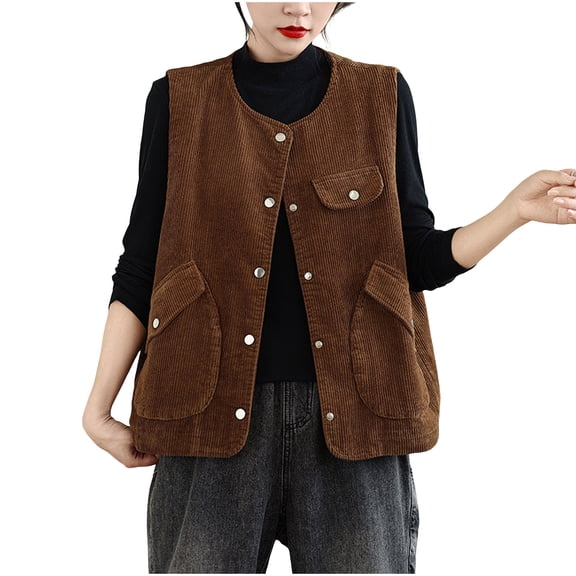 FRSASU Women's Corduroy Vest, Sleeveless Button Down Loose Crew Neck Jackets Solid Casual Outerwear with Pockets Coffee