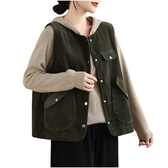 FRSASU Women's Corduroy Vest, Sleeveless Button Down Loose Crew Neck Jackets Solid Casual Outerwear with Pockets Green