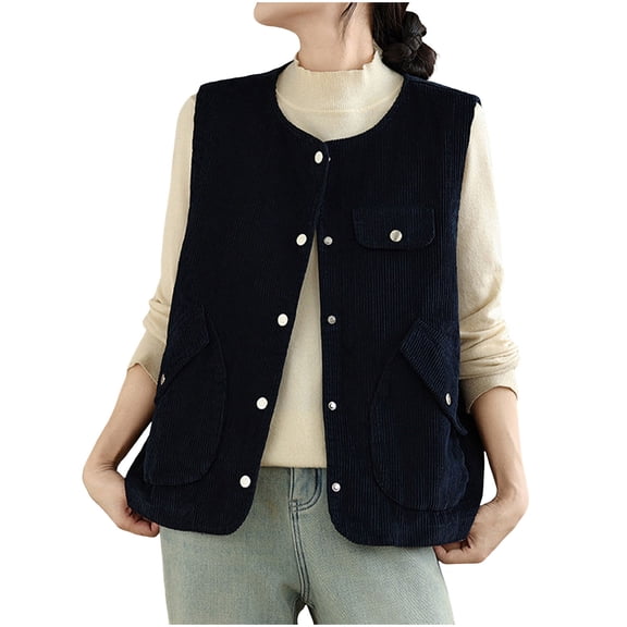 FRSASU Women's Corduroy Vest, Sleeveless Button Down Loose Crew Neck Jackets Solid Casual Outerwear with Pockets Navy