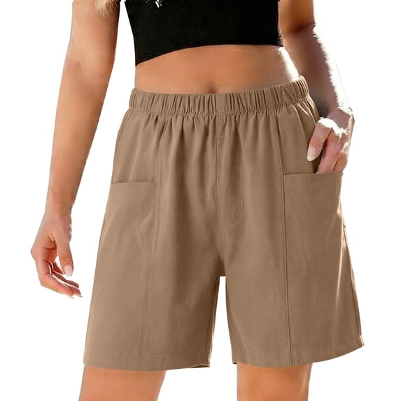 FRSASU Women's Cotton High Waist Cargo Shorts Elastic Waist Drawstring Summer Hot Pants with Pockets Khaki