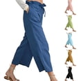 thumbnail image 1 of FRSASU Women's Cotton Linen Capris Wide Leg Ruffle High Waisted Pants Casual Drawstring Summer Loose Capri Pants with Pockets Pink, 1 of 7