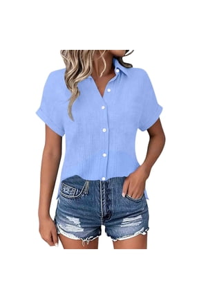 Women's Cotton Linen Gauze Shirts Loose Fit Button Down Blouses Casual Summer Textured Collared Crinkle Seersucker Tops Blue-A