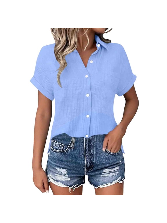 Women's Cotton Linen Gauze Shirts Loose Fit Button Down Blouses Casual Summer Textured Collared Crinkle Seersucker Tops Blue-A
