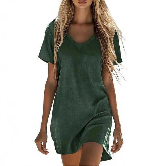 FRSASU Women's Cotton Linen Knee Length V-Neck Summer Beach Dress with Pockets Green